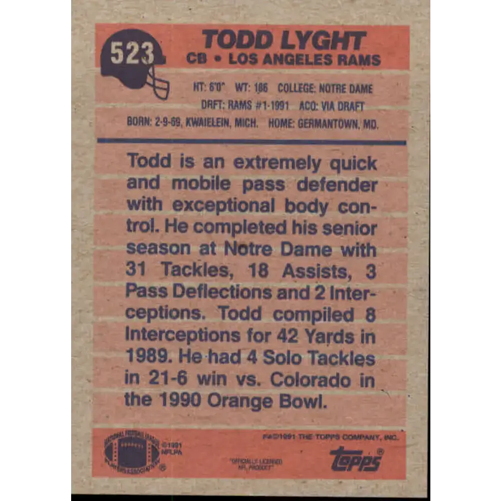1991 Topps #523 Todd Lyght NM-MT RC Rookie Los Angeles Rams Football Card - Football Card Single