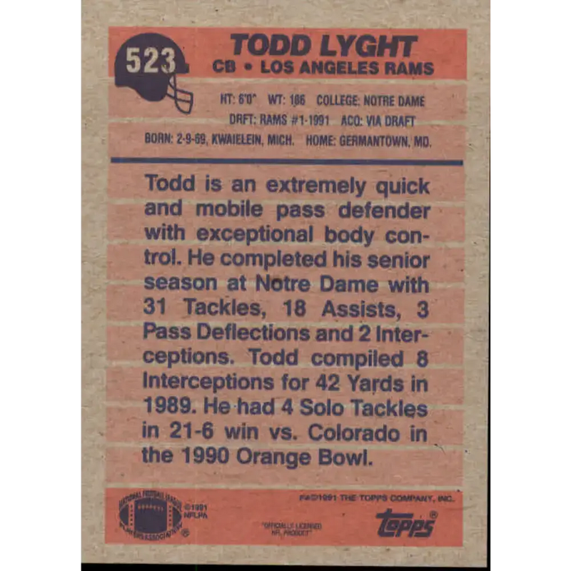 1991 Topps #523 Todd Lyght NM-MT RC Rookie Los Angeles Rams Football Card - Football Card Single