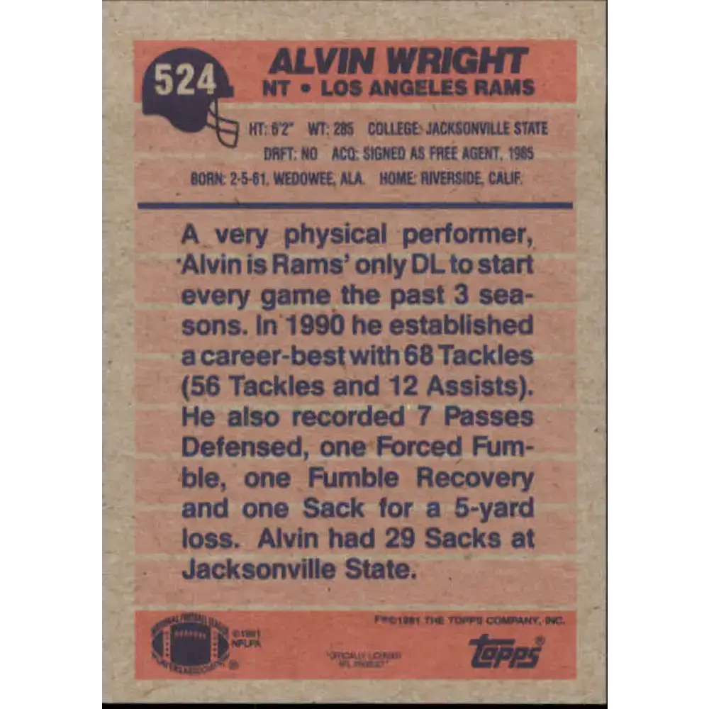 1991 Topps #524 Alvin Wright NM-MT Los Angeles Rams Football Card - Football Card Single