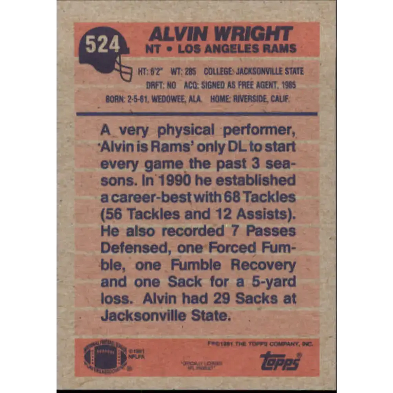 1991 Topps #524 Alvin Wright NM-MT Los Angeles Rams Football Card - Football Card Single