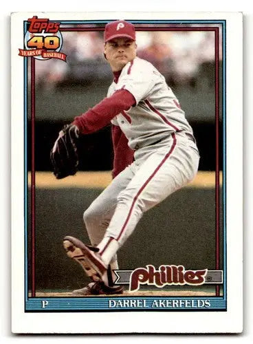 Original gloss Darrel Akerfelds Philadelphia Phillies baseball card 1991 Topps #524