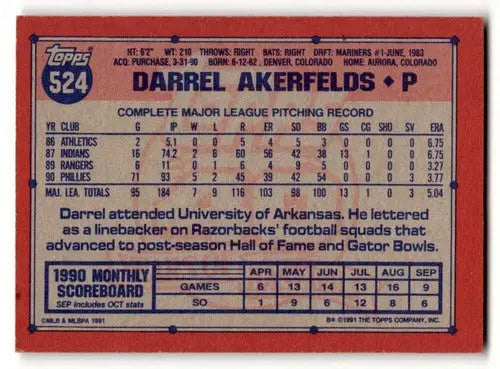 Back of 1991 Topps Darrel Akerfelds Philadelphia Phillies baseball card with original gloss