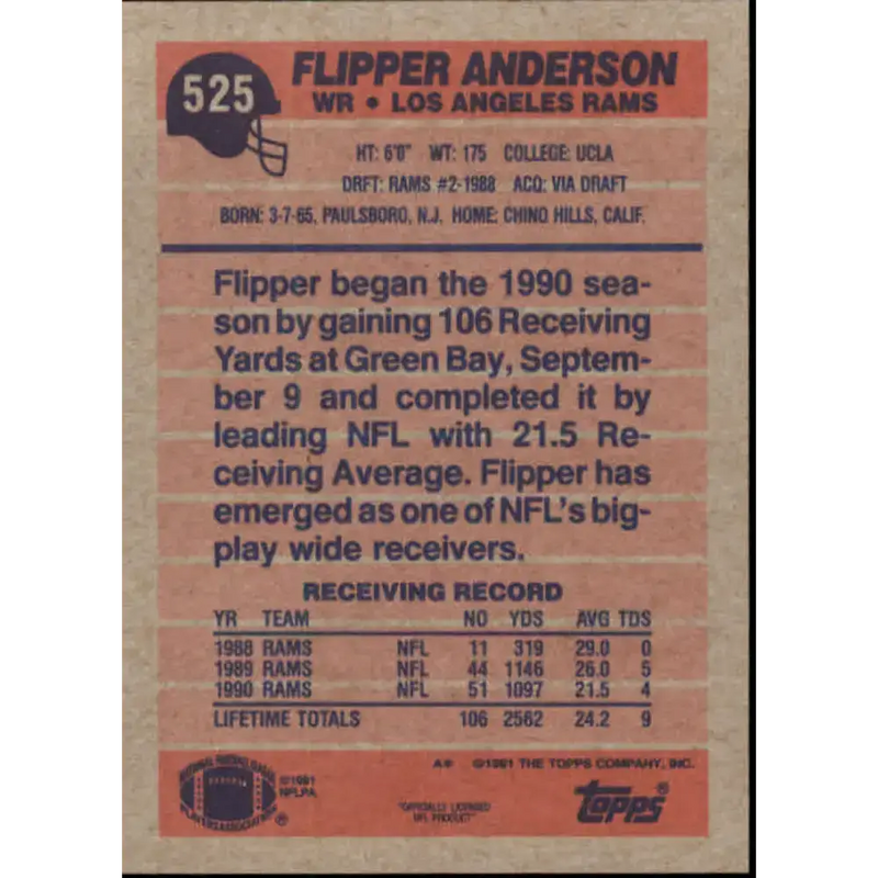 1991 Topps #525 Flipper Anderson NM-MT Los Angeles Rams Football Card - Football Card Single