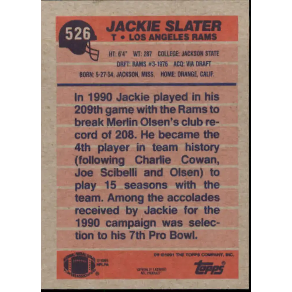 1991 Topps #526 Jackie Slater NM-MT Los Angeles Rams Football Card - Football Card Single