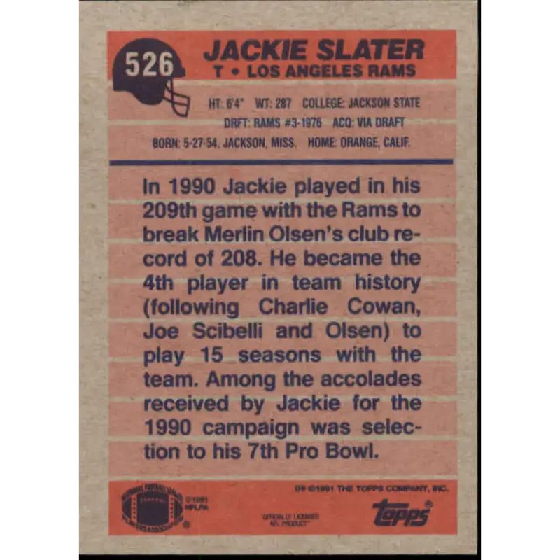 1991 Topps #526 Jackie Slater NM-MT Los Angeles Rams Football Card - Football Card Single