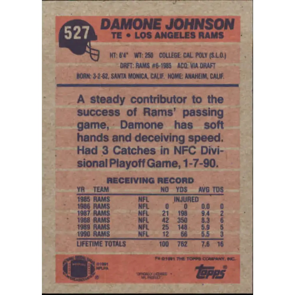 1991 Topps #527 Damone Johnson NM-MT RC Rookie Los Angeles Rams Football Card - Football Card Single
