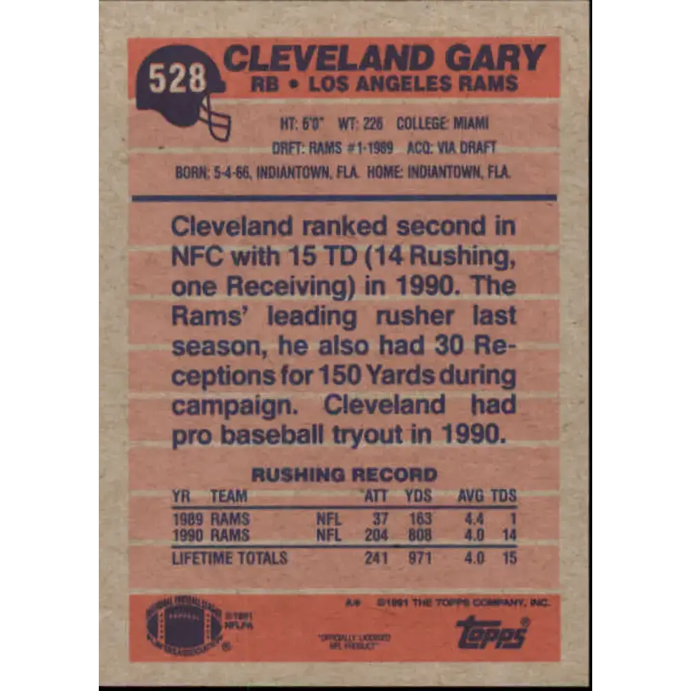 1991 Topps #528 Cleveland Gary NM-MT Los Angeles Rams Football Card - Football Card Single