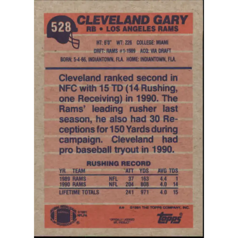 1991 Topps #528 Cleveland Gary NM-MT Los Angeles Rams Football Card - Football Card Single