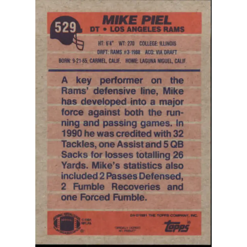1991 Topps #529 Mike Piel NM-MT Los Angeles Rams Football Card - Football Card Single