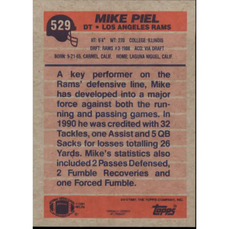 1991 Topps #529 Mike Piel NM-MT Los Angeles Rams Football Card - Football Card Single