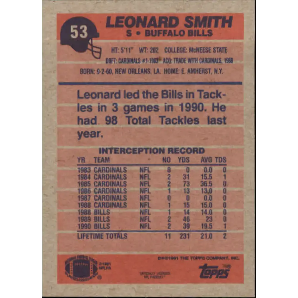 1991 Topps #53 Leonard Smith NM-MT Buffalo Bills Football Card - Football Card Single