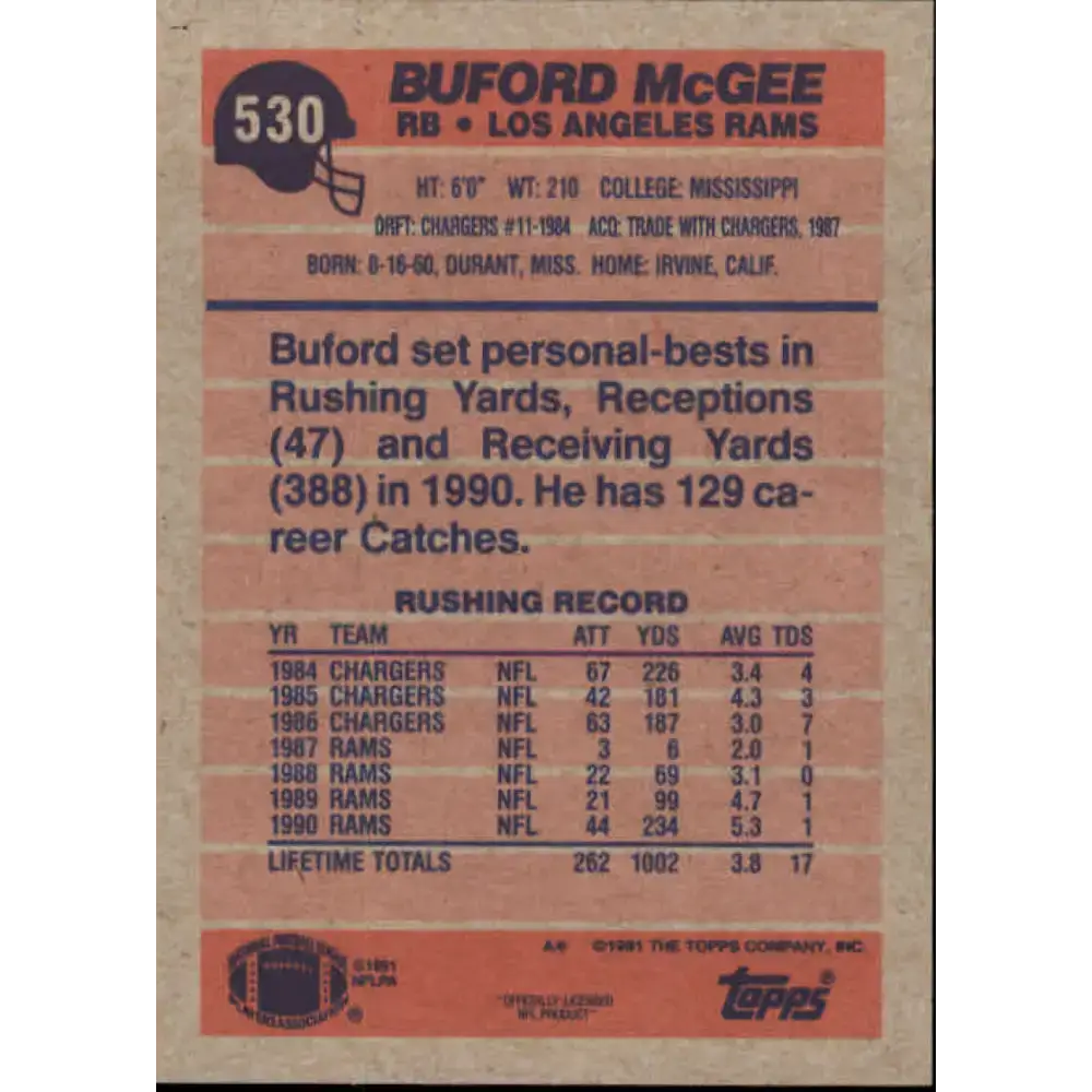 1991 Topps #530 Buford McGee NM-MT Los Angeles Rams Football Card - Football Card Single