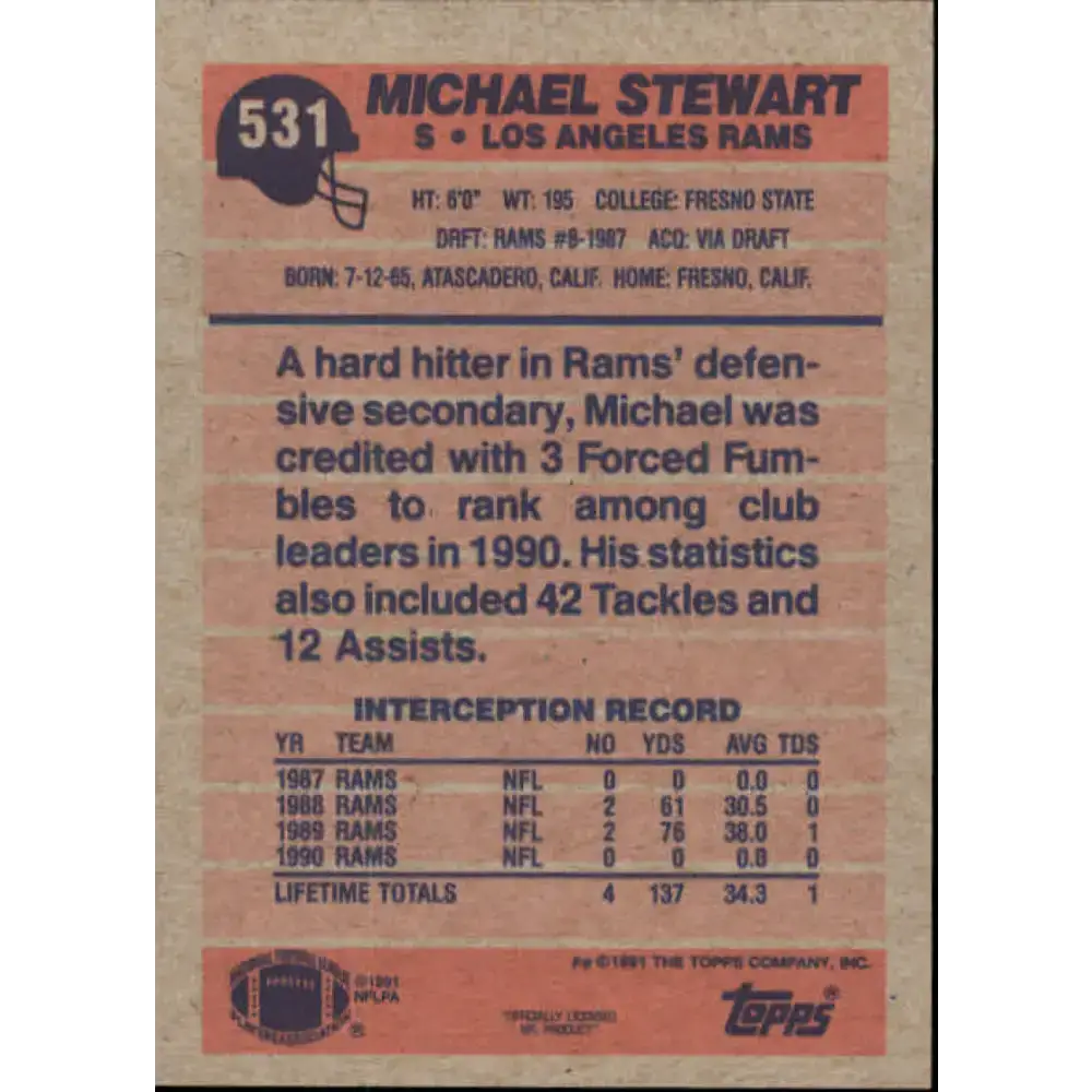 1991 Topps #531 Michael Stewart NM-MT Los Angeles Rams Football Card - Football Card Single
