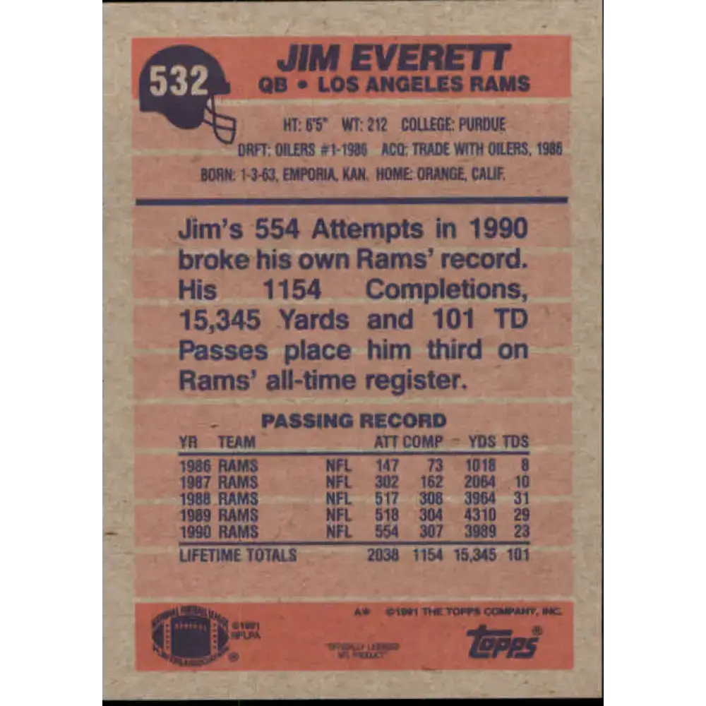 1991 Topps #532 Jim Everett NM-MT Los Angeles Rams Football Card - Football Card Single