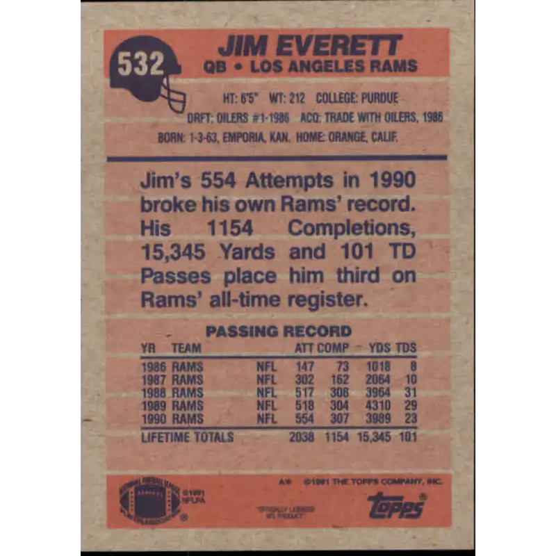 1991 Topps #532 Jim Everett NM-MT Los Angeles Rams Football Card - Football Card Single