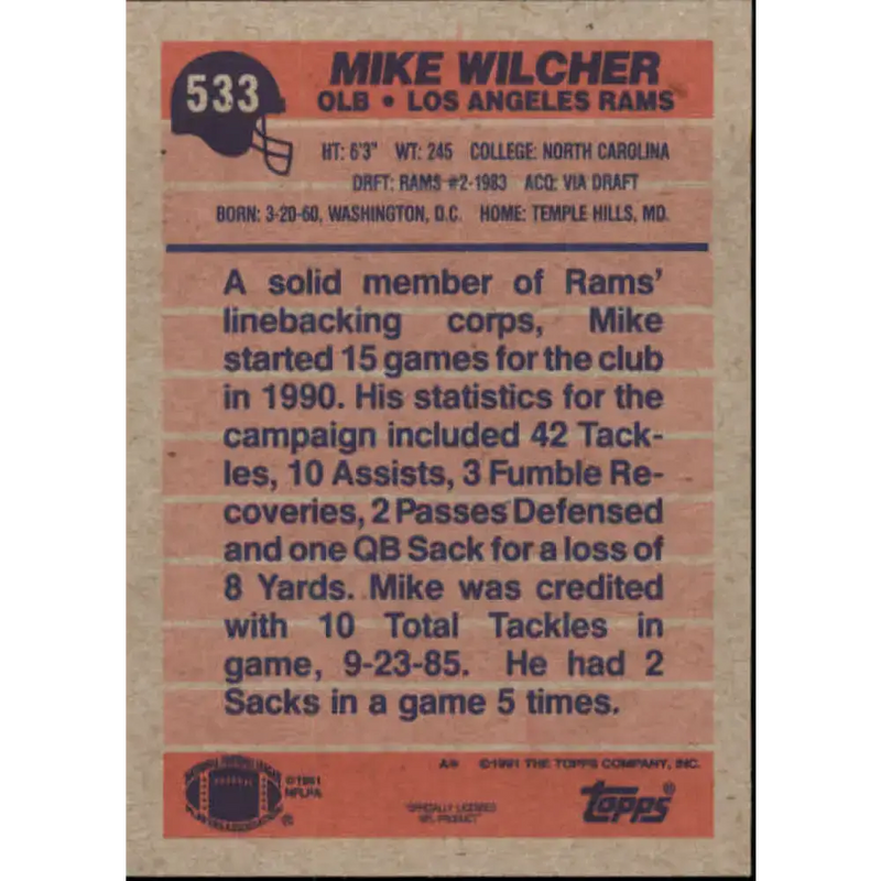 1991 Topps #533 Mike Wilcher NM-MT Los Angeles Rams Football Card - Football Card Single