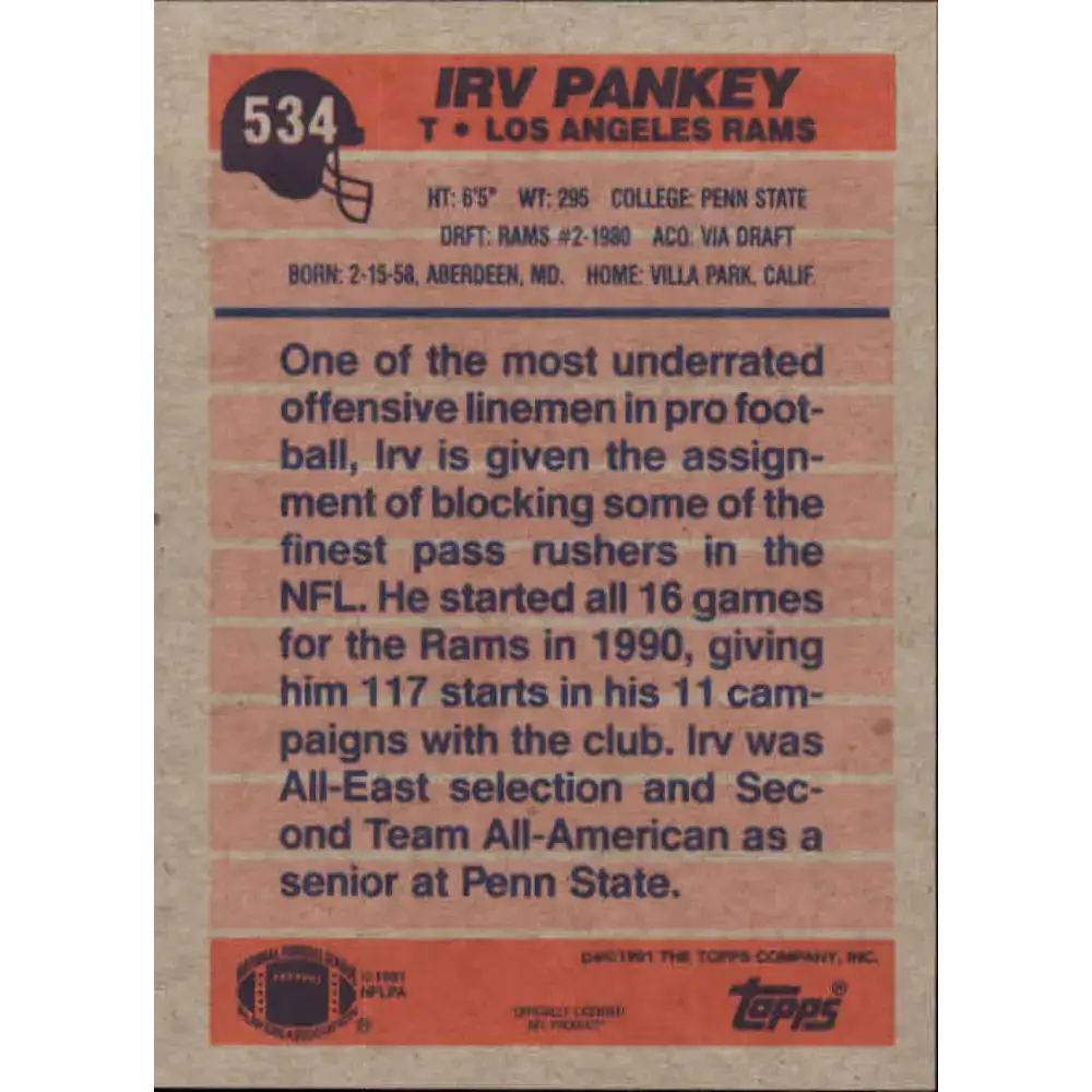 1991 Topps #534 Irv Pankey NM-MT Los Angeles Rams Football Card - Football Card Single