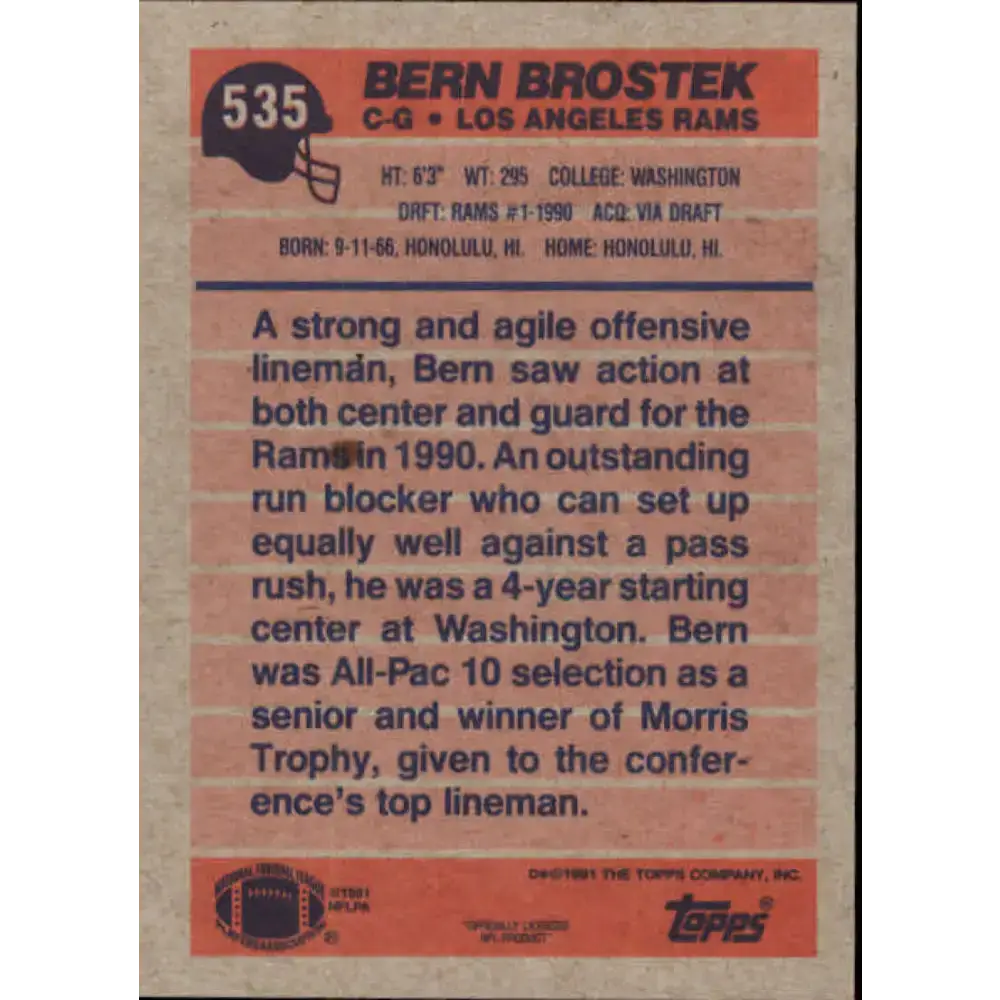 1991 Topps #535 Bern Brostek NM-MT Los Angeles Rams Football Card - Football Card Single
