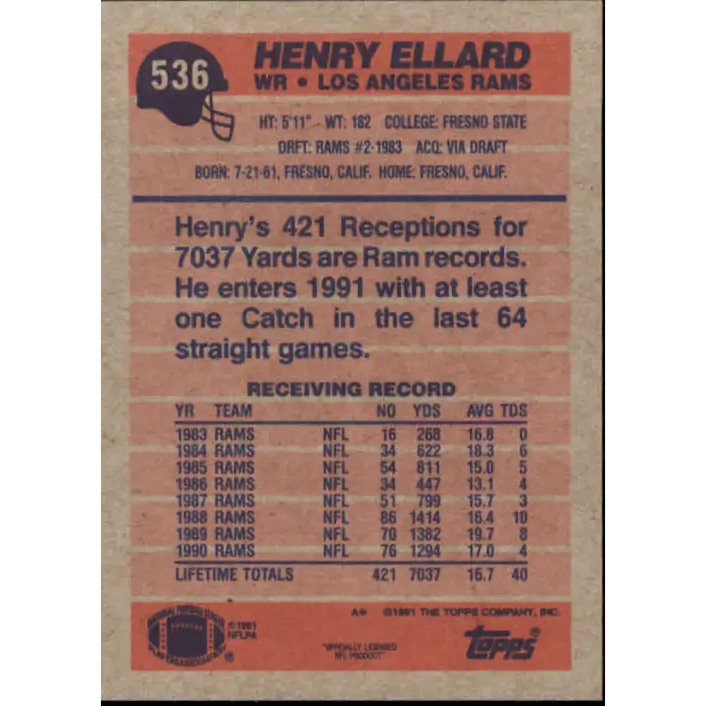 1991 Topps #536 Henry Ellard NM-MT Los Angeles Rams Football Card - Football Card Single