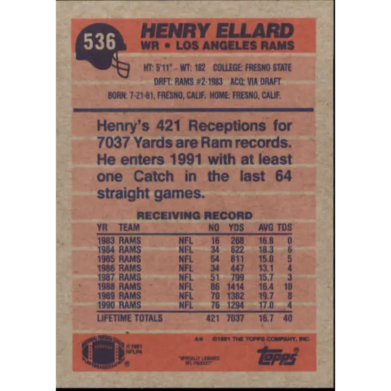 1991 Topps #536 Henry Ellard NM-MT Los Angeles Rams Football Card - Football Card Single