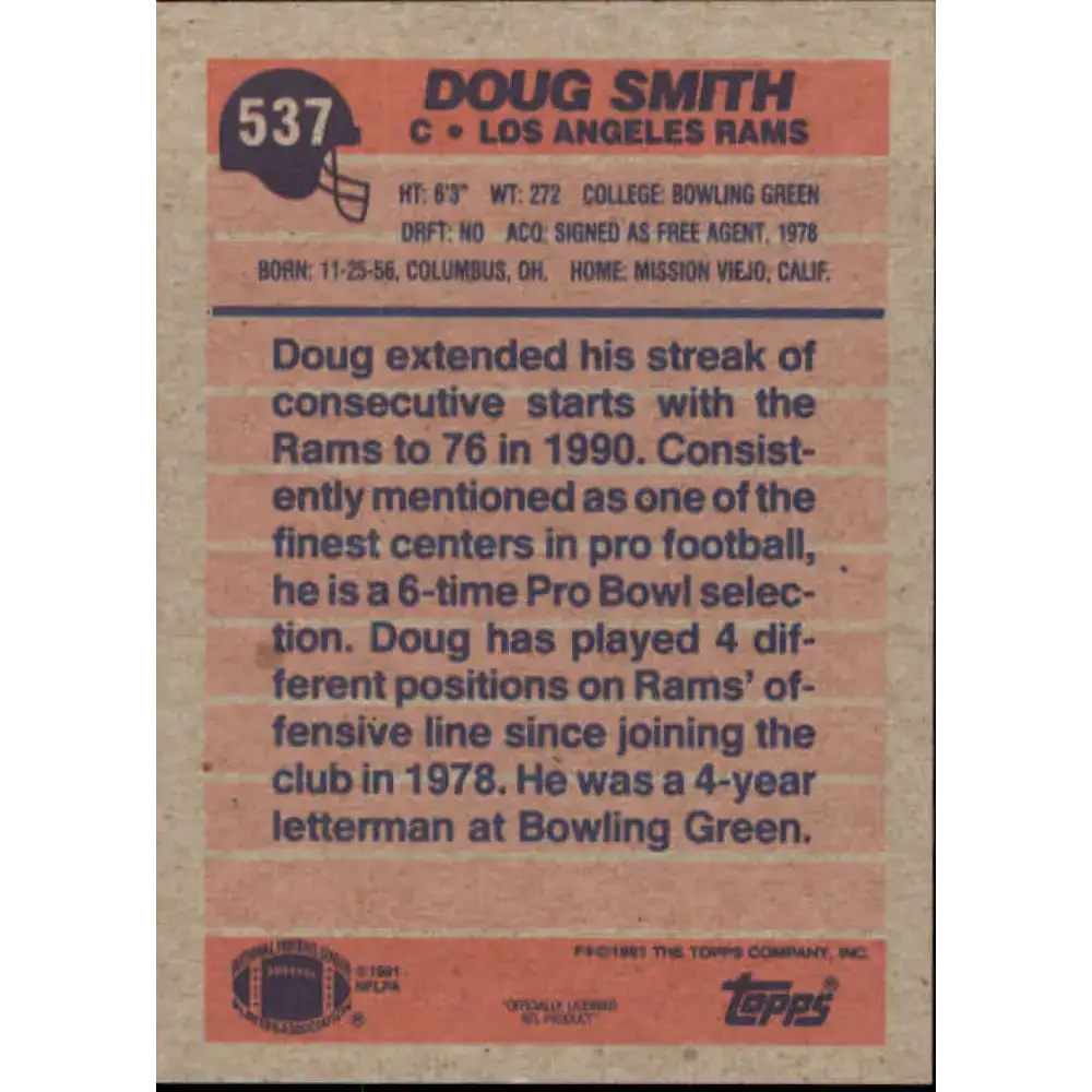 1991 Topps #537 Doug Smith NM-MT Los Angeles Rams Football Card - Football Card Single