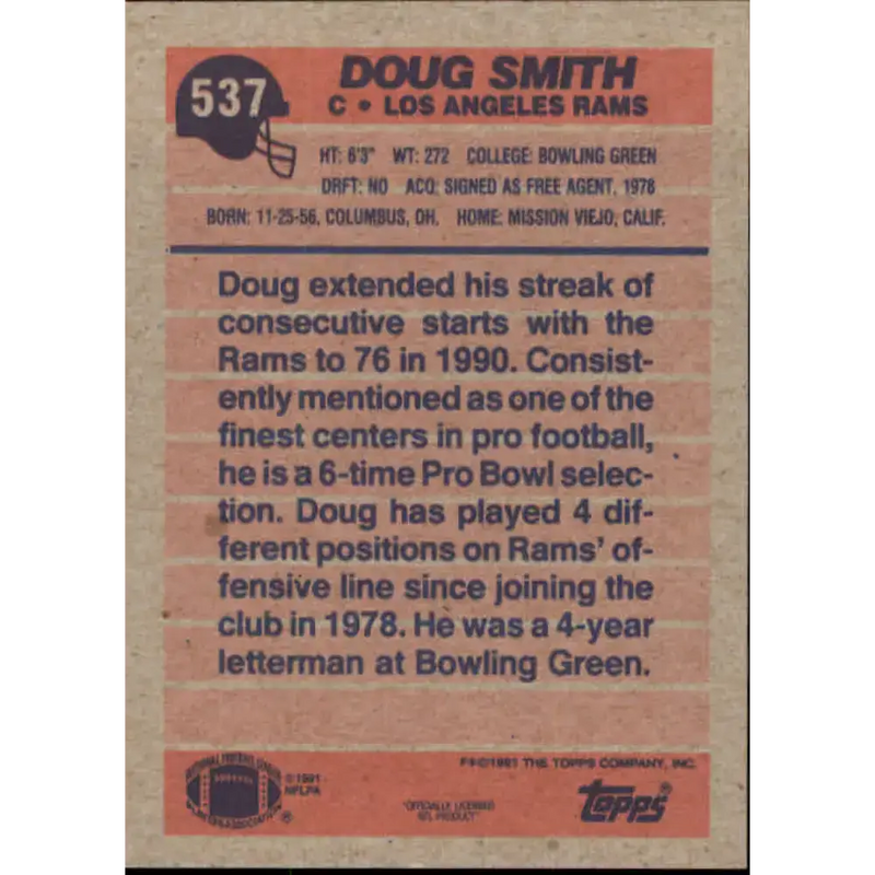 1991 Topps #537 Doug Smith NM-MT Los Angeles Rams Football Card - Football Card Single