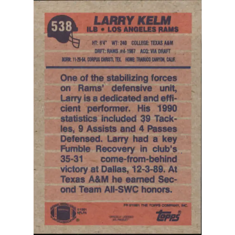 1991 Topps #538 Larry Kelm NM-MT Los Angeles Rams Football Card - Football Card Single