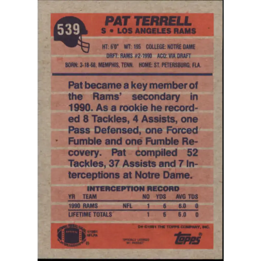 1991 Topps #539 Pat Terrell NM-MT Los Angeles Rams Football Card - Football Card Single