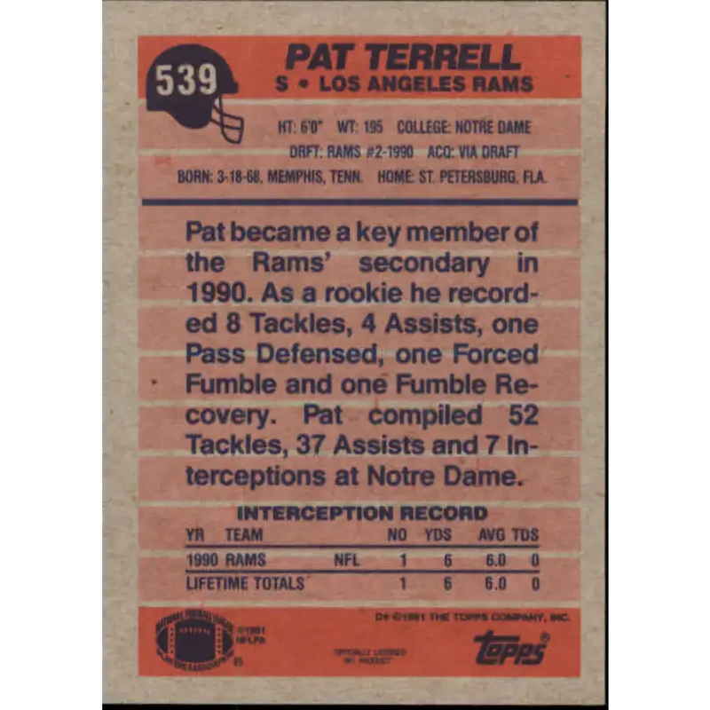 1991 Topps #539 Pat Terrell NM-MT Los Angeles Rams Football Card - Football Card Single
