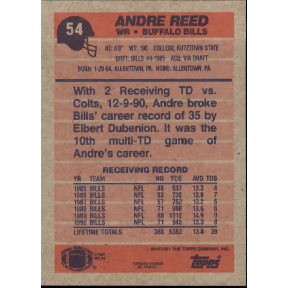 1991 Topps #54 Andre Reed NM-MT Buffalo Bills Football Card - Football Card Single