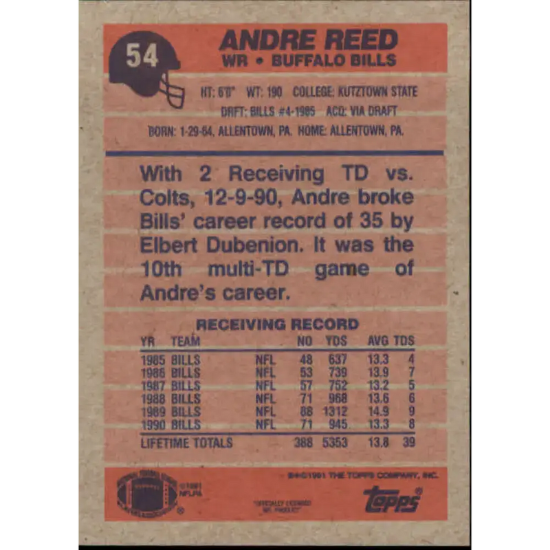 1991 Topps #54 Andre Reed NM-MT Buffalo Bills Football Card - Football Card Single