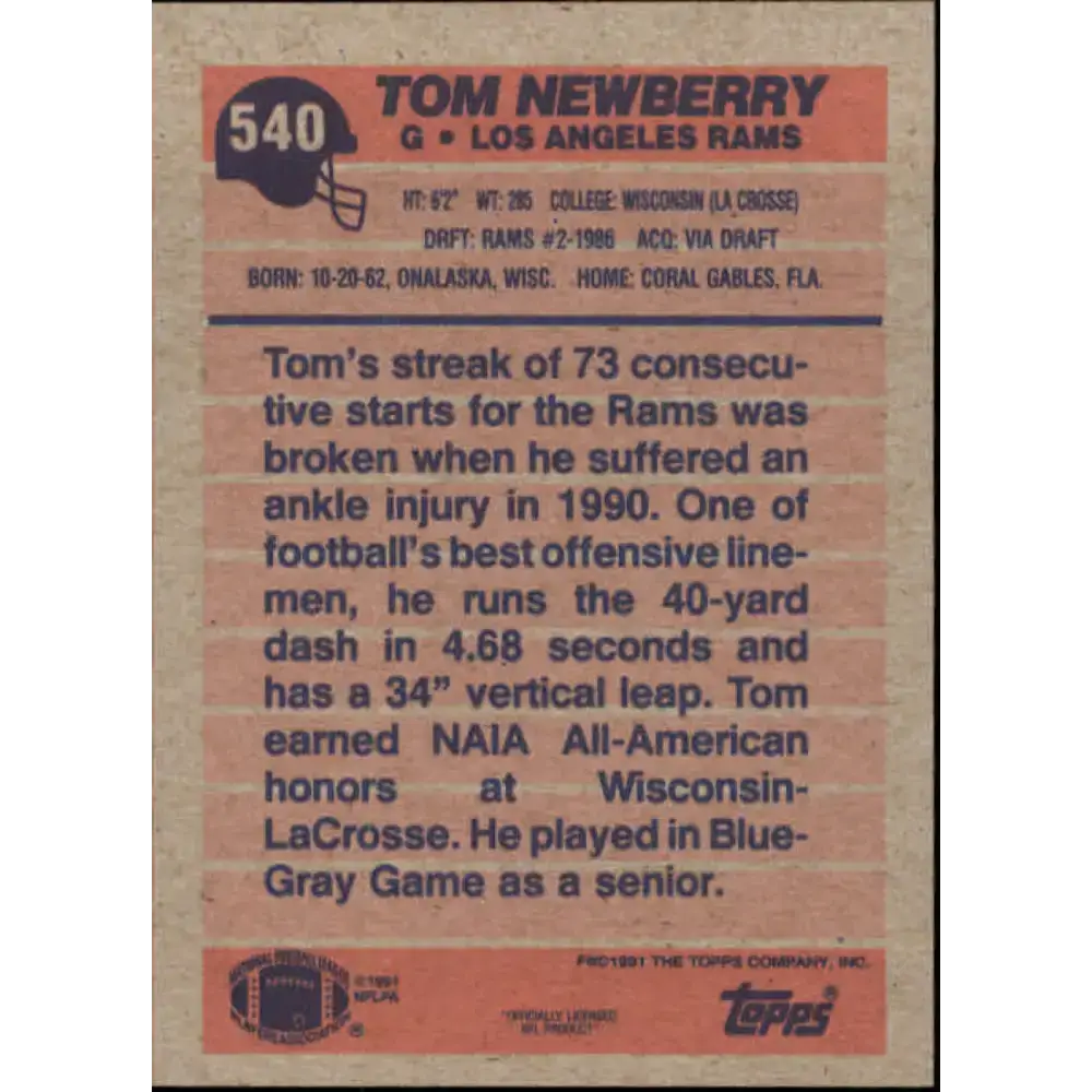 1991 Topps #540 Tom Newberry NM-MT Los Angeles Rams Football Card - Football Card Single