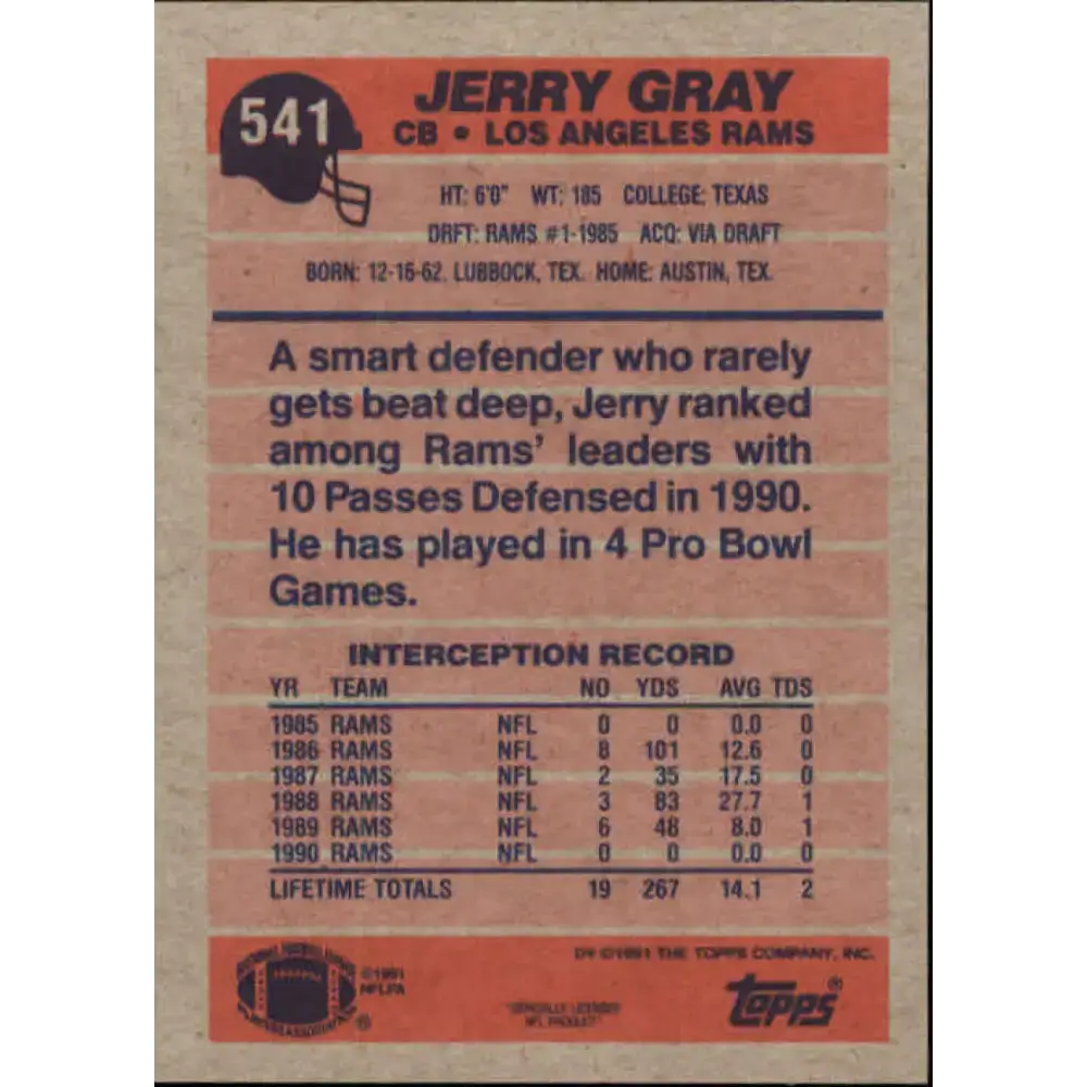 1991 Topps #541 Jerry Gray NM-MT Los Angeles Rams Football Card - Football Card Single