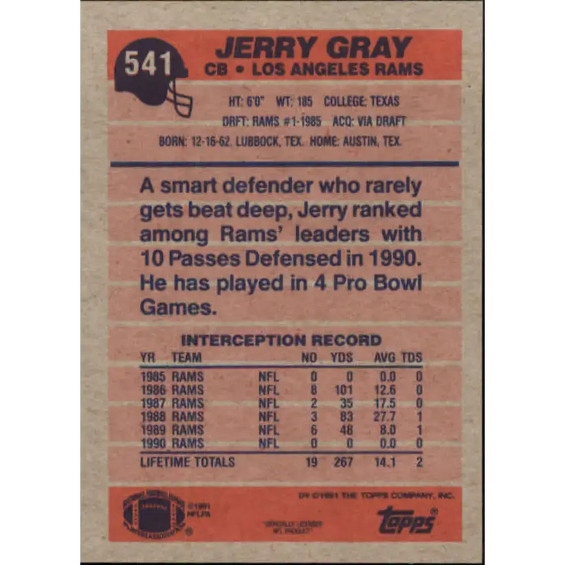 1991 Topps #541 Jerry Gray NM-MT Los Angeles Rams Football Card - Football Card Single