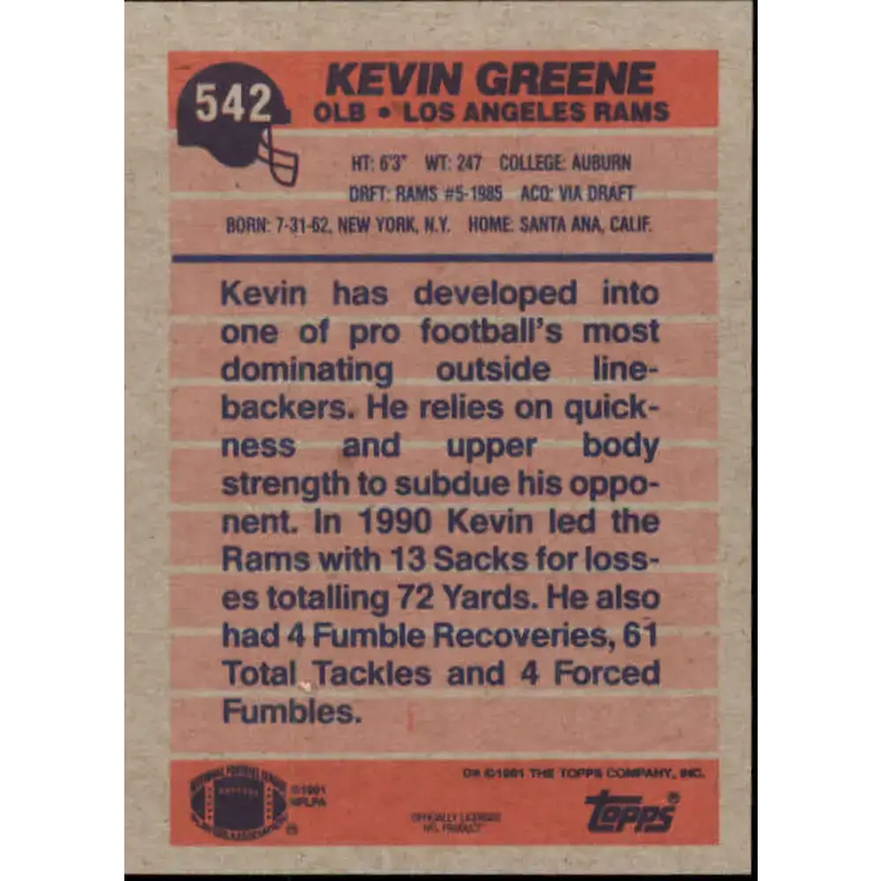 1991 Topps #542 Kevin Greene NM-MT Los Angeles Rams Football Card - Football Card Single