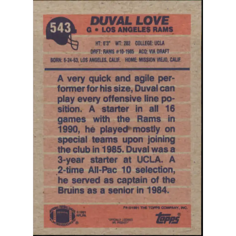 1991 Topps #543 Duval Love NM-MT RC Rookie Los Angeles Rams Football Card - Football Card Single