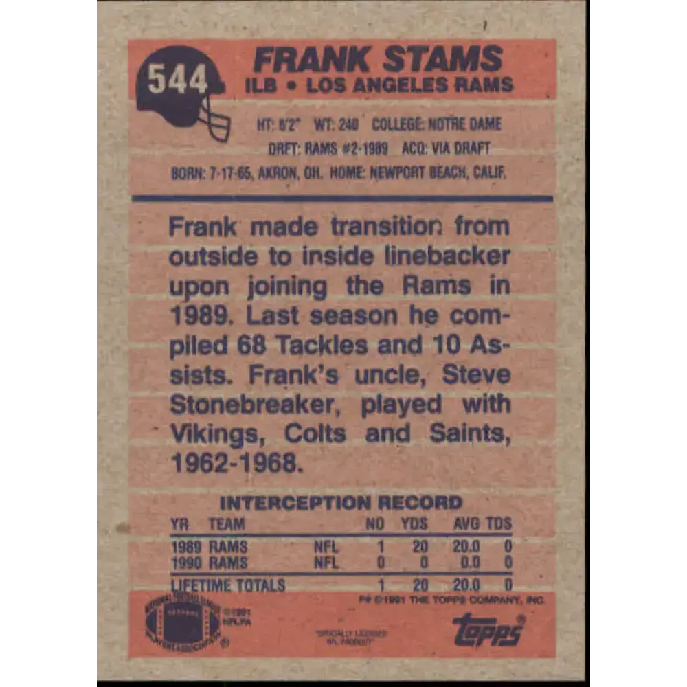 1991 Topps #544 Frank Stams NM-MT Los Angeles Rams Football Card - Football Card Single