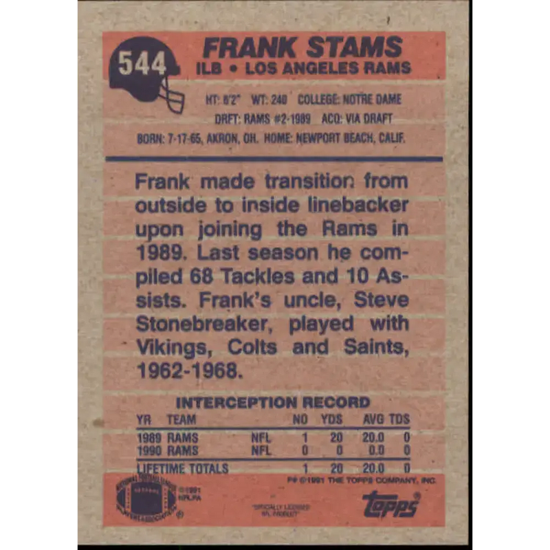 1991 Topps #544 Frank Stams NM-MT Los Angeles Rams Football Card - Football Card Single