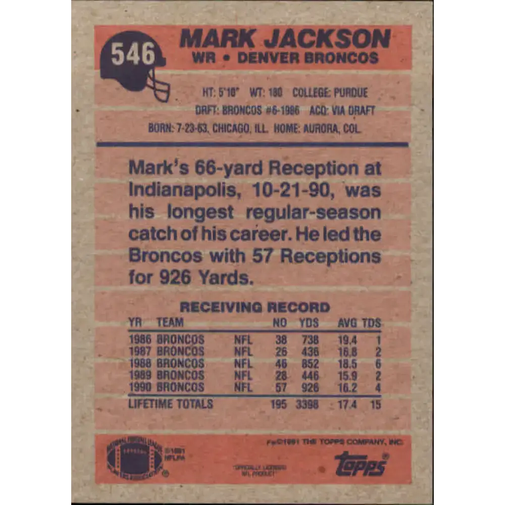1991 Topps #546 Mark Jackson NM-MT Denver Broncos Football Card - Football Card Single