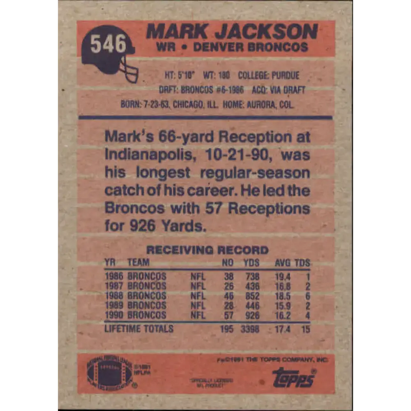 1991 Topps #546 Mark Jackson NM-MT Denver Broncos Football Card - Football Card Single