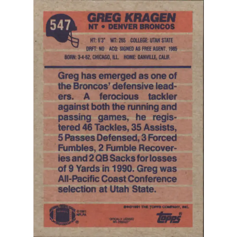 1991 Topps #547 Greg Kragen NM-MT Denver Broncos Football Card - Football Card Single