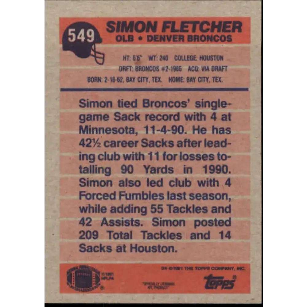 1991 Topps #549 Simon Fletcher NM-MT Denver Broncos Football Card - Football Card Single