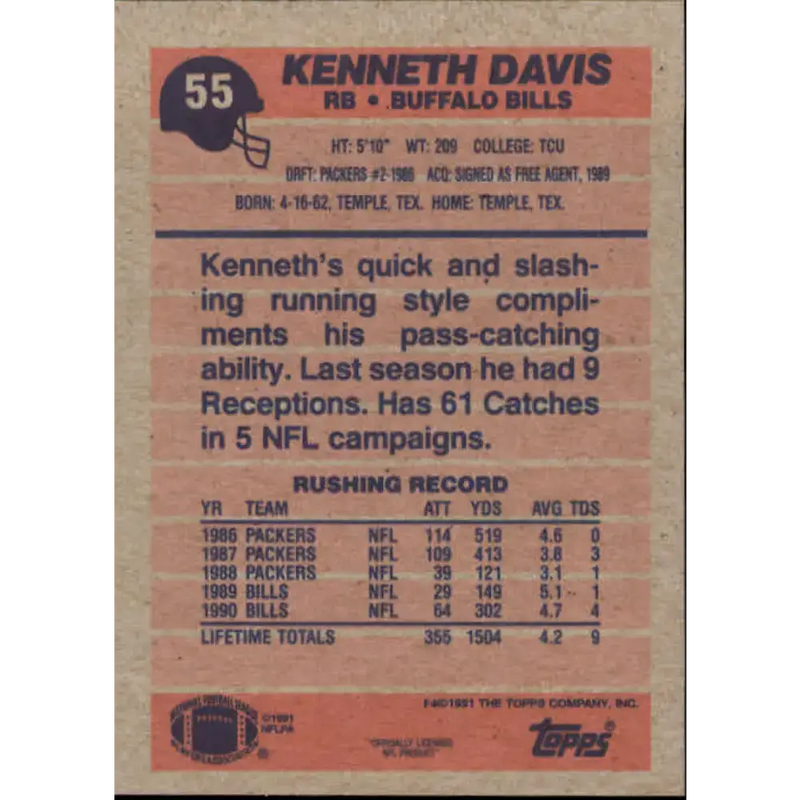 1991 Topps #55 Kenneth Davis NM-MT Buffalo Bills Football Card - Football Card Single