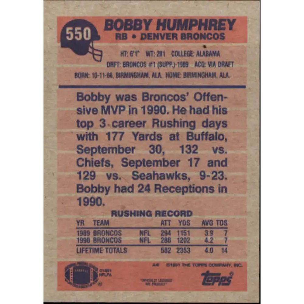 1991 Topps #550 Bobby Humphrey NM-MT Denver Broncos Football Card - Football Card Single