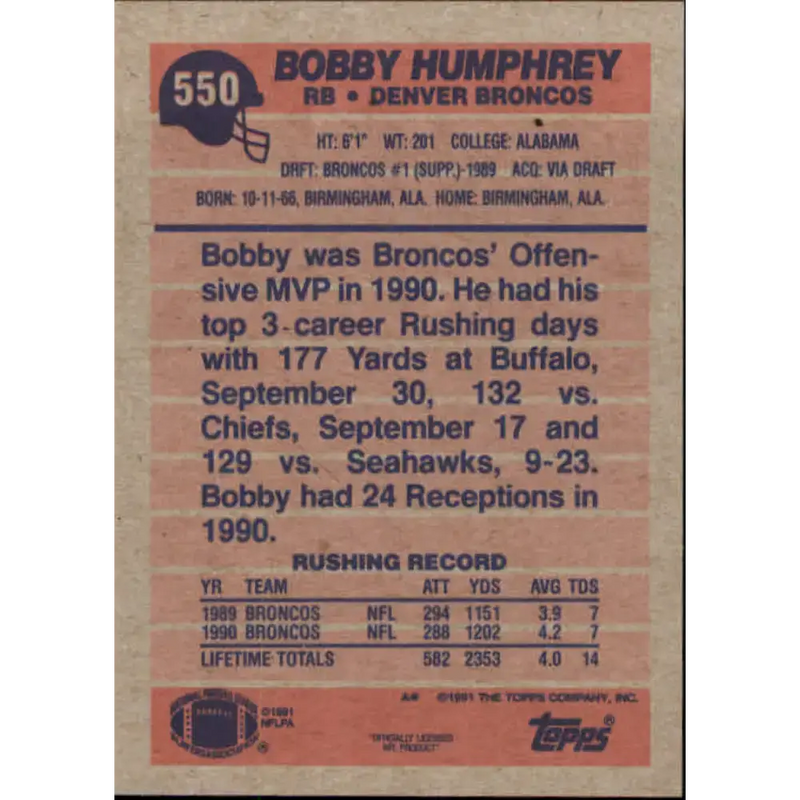 1991 Topps #550 Bobby Humphrey NM-MT Denver Broncos Football Card - Football Card Single