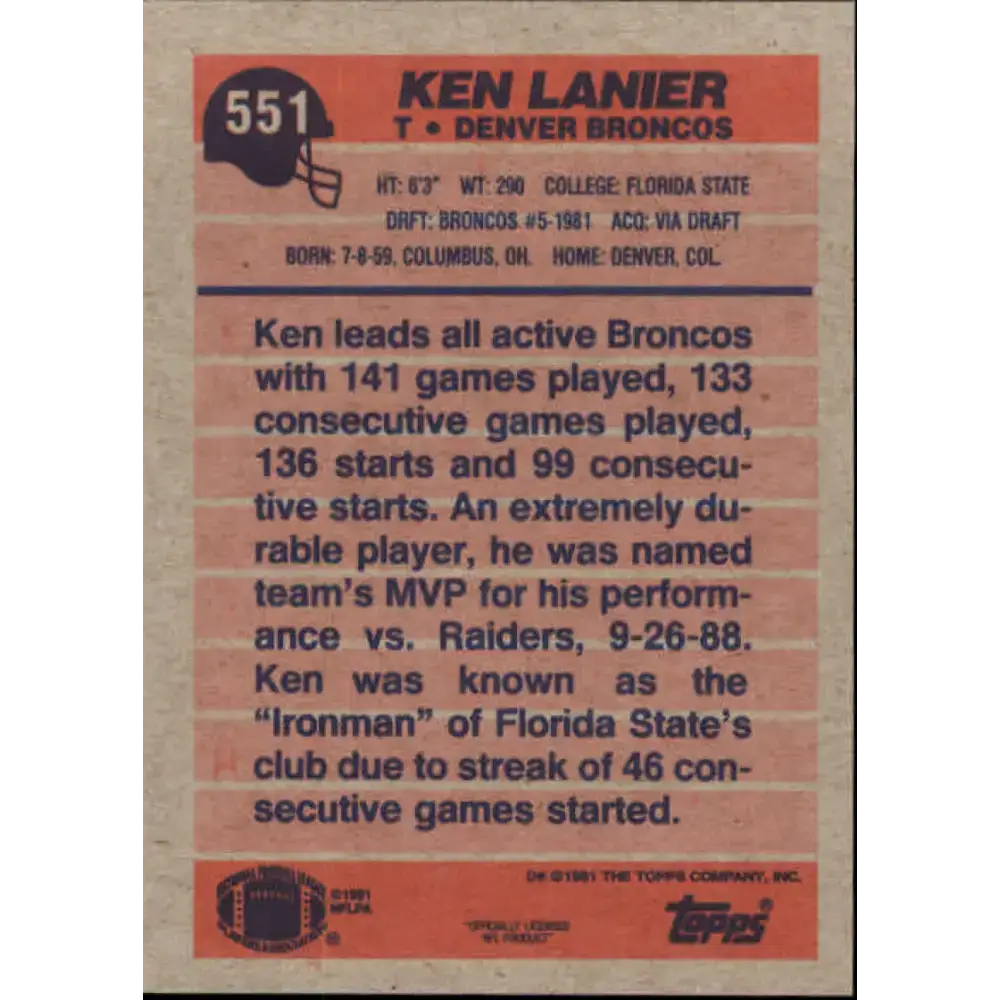 1991 Topps #551 Ken Lanier NM-MT Denver Broncos Football Card - Football Card Single