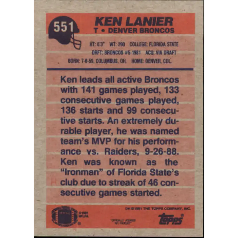 1991 Topps #551 Ken Lanier NM-MT Denver Broncos Football Card - Football Card Single