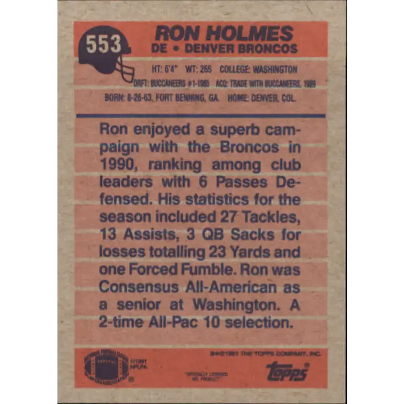 1991 Topps #553 Ron Holmes NM-MT Denver Broncos Football Card - Football Card Single