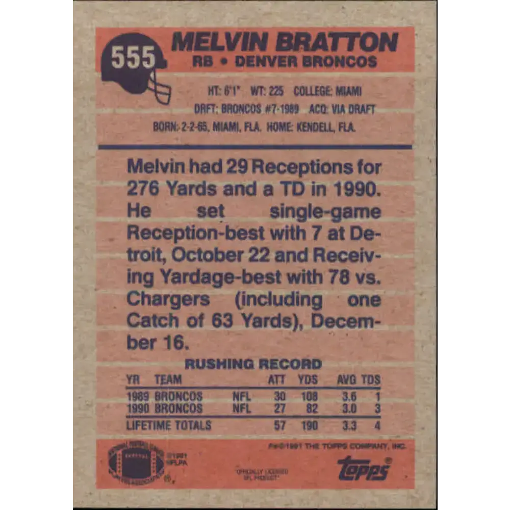 1991 Topps #555 Melvin Bratton NM-MT Denver Broncos Football Card - Football Card Single