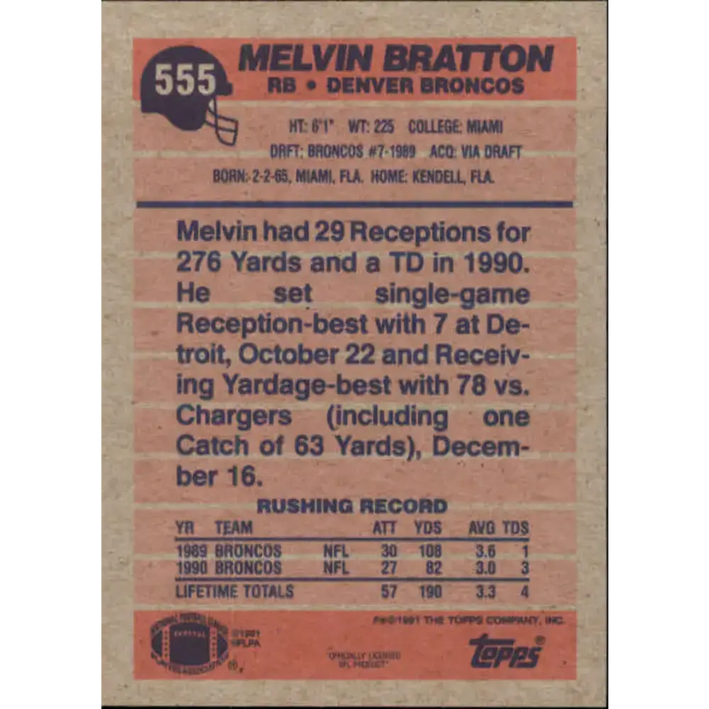 1991 Topps #555 Melvin Bratton NM-MT Denver Broncos Football Card - Football Card Single